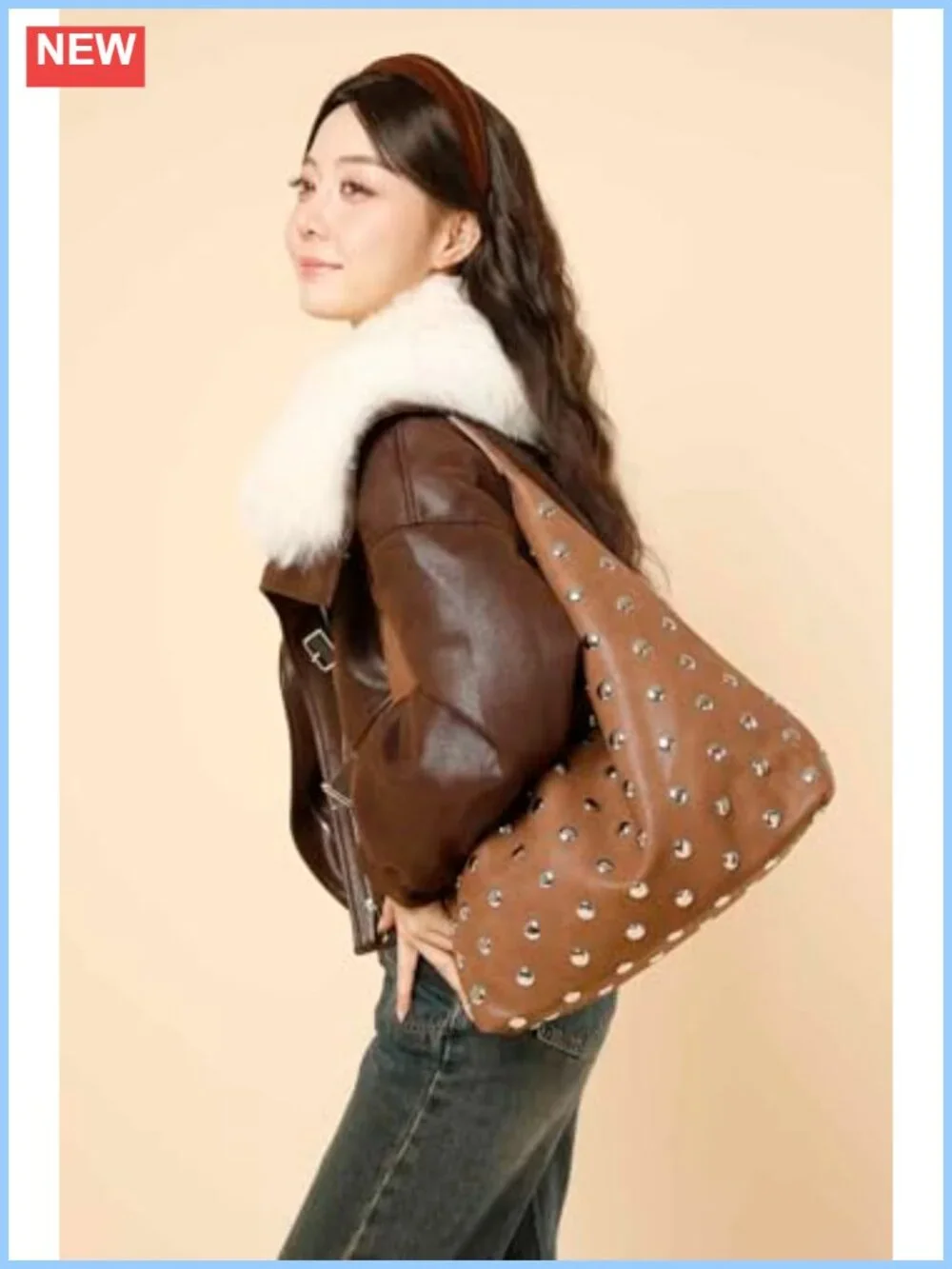 Vegan Leather Studded Hobo Tote Bag Rivet Shoulder Punk Handbag